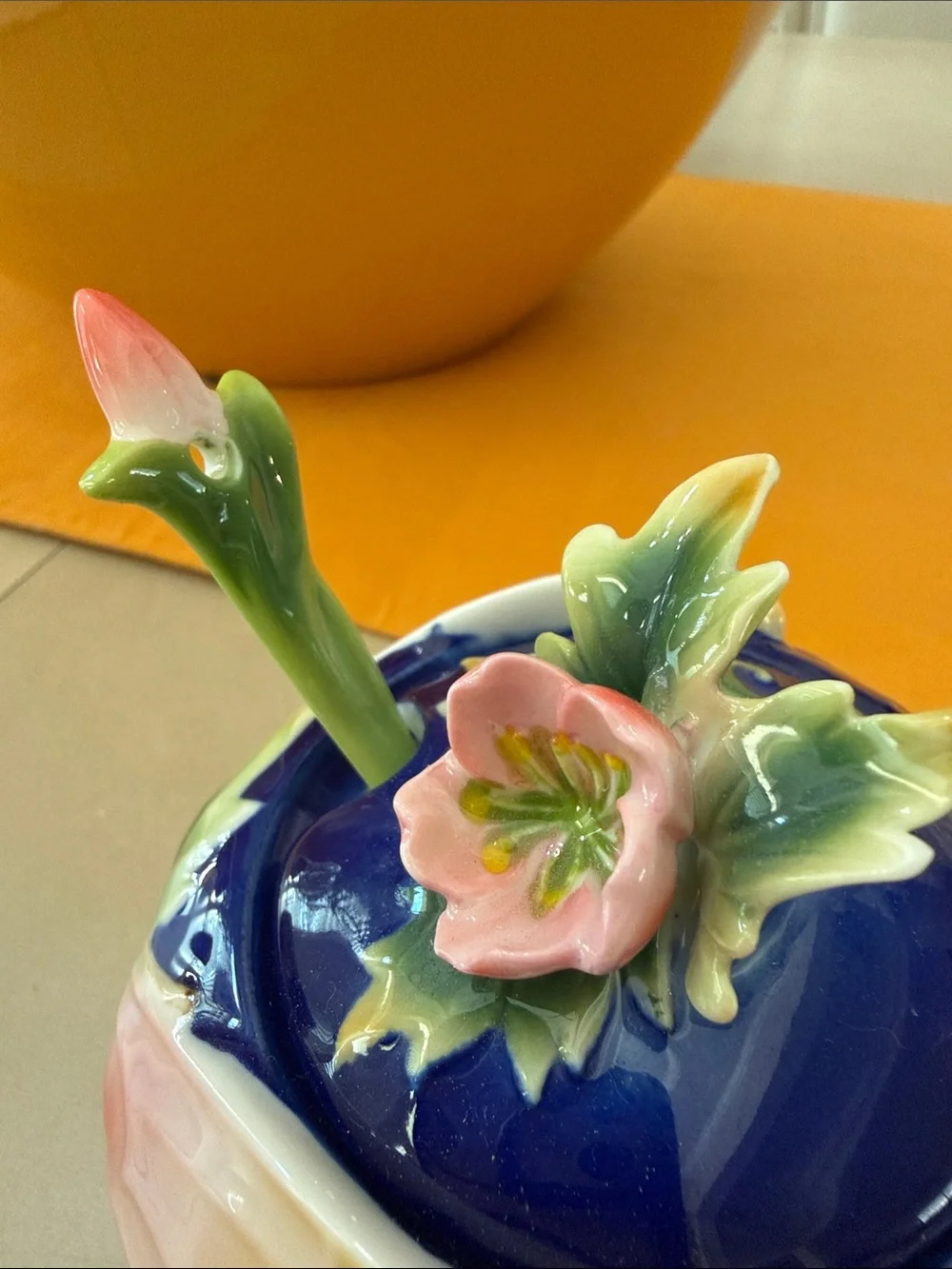 Pier 1 Blue Floral Ceramic Bowl with Pink Flower Chip Rest and Blue Spoon